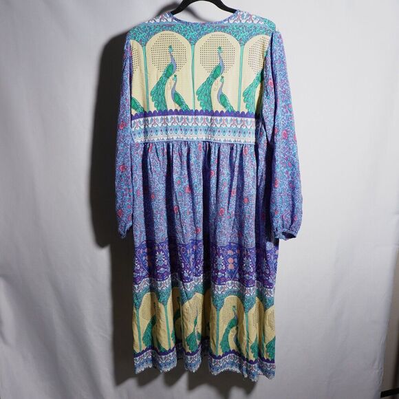 Peacock Novelty Print Bohemian Midi Dress Long Sleeve Quirky Sz XL Peasant - Picture 2 of 6